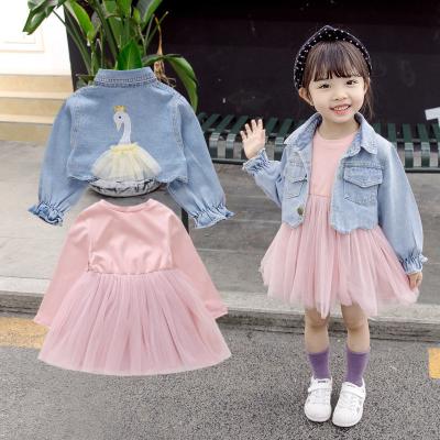 China Girls casual autumn two-piece set new 2021 autumn baby swan denim jacket skirt fashion suit for sale