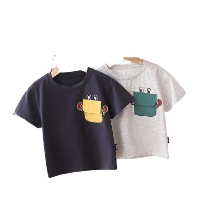 China Summer Boys Solid Color Schoolbag Breathable Cartoon Pattern Sleeves 2021 Simple Kids Tops Little Boy Short Sleeve for sale