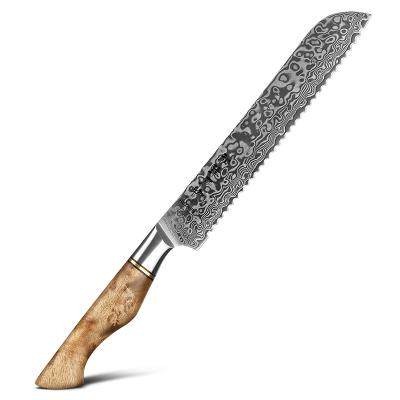 China Damascus Kitchen Sustainable Steel Bread Knife With Sycamore Handle Figured Wood Cutting Knife for sale