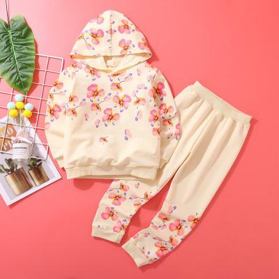 China Casual new arrival cute fashion flower printed long sleeve collar hoodied pants girls clothing sets 2021 for sale