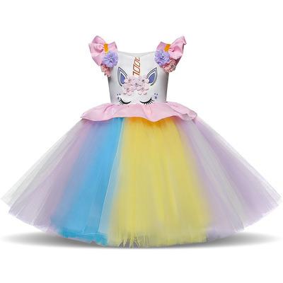 China 2021 New arriaval Washable Short Sleeve Kids Ball Gowns Lace Up Applique Girls Clothes Dresses for sale