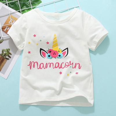 China Kids 2021 Summer wholesale cotton breathable knitted fabric white color o-neck collar unicron cartoon pattern printed T-shirt girls for sale