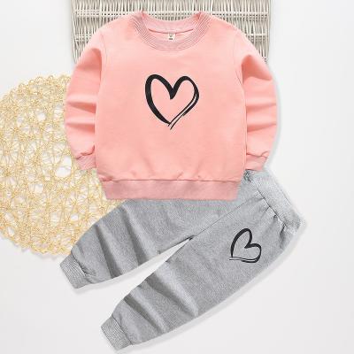 China 2021 Fall fashion O-neck sports style three solid colors heart printed casual girls boutique clothing sets for sale