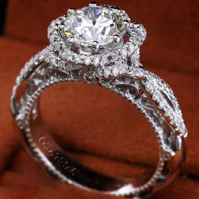 China Huitan 925 Rings Silver Plated Twisted Macro Romantic Pave Women Vintage Hollow Carved Beautiful Bridal Luxury Flower Wedding Ring Women for sale