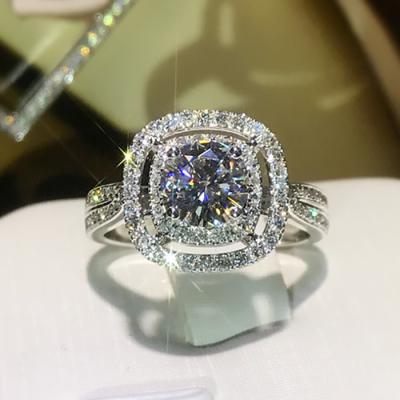 China Huitan 2021 Romantic Charm Hollow Jewelry Round Zircon Double Layer Square Ring Women Bling Classic Engagement Rings for sale