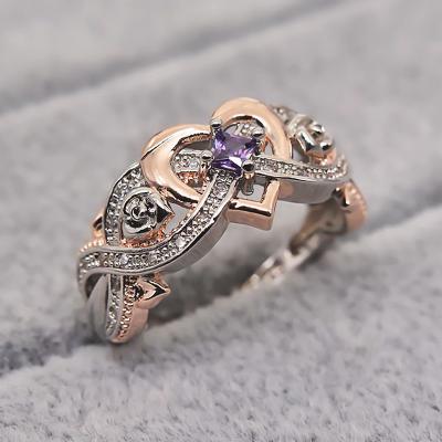 China Simulated CZ Amethyst Gemstone Wedding Rings Two Tone Eternal Love Heart Women Minimalist Romantic Huitan Crystal Wedding Rings For Girls for sale