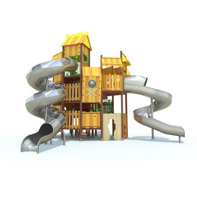 China Outdoor Park Stainless Steel Tube Slide Customized Wooden Playground With Rise for sale