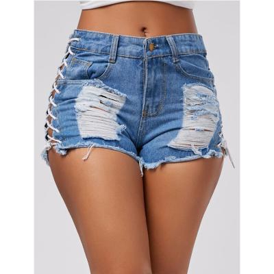 China 2020 Fashion Fade Proof New Color Women Jeans Shorts Side Lace Sexy Denim Shorts Ripped Hole Ladies Shorts for sale