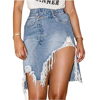 China Plus Size Fashion Women Pencil Jeans Mini Skirt High Waisted Distressed Ripped Slit Denim Skirts for sale