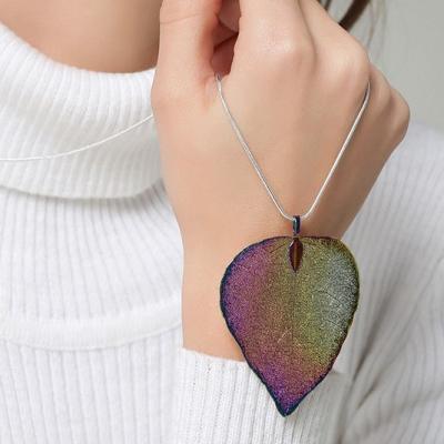 China Fast Delivery Purple Bling Boho Leaf Colorful Handmade Long Sweater Chain Leaves Pendant Necklace for sale