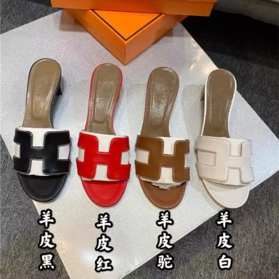 China Fashion Trend Designer H Slippers Summer Fashion Wear High Heeled Leather Sandals Beach Travel Slides for sale