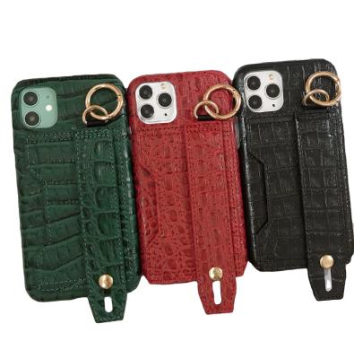 China Luxury Crocodile Pattern Accessories Anti-drop Phone Holder Leather Phone Case For iPhone 13 12 Pro Max Phone Cover With Wrist Band for sale