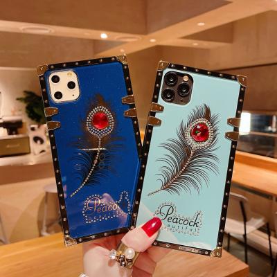 China Dream Bling Bling Lites Shockproof Diamond Square Mobile Phone Case For 11 Promax Iphone13 12 Feather Gems Phone Cover for sale