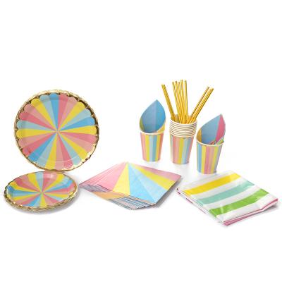 China Fashional New Product Disposable Colorful Kids Birthday Party Tableware Dessert Table Layout Cake Dish Set Picnic for sale