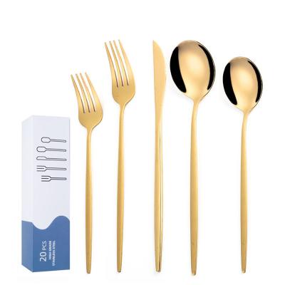 China 20pcs Household Goods Viable Serving Spoons Forks Knives Mid Century Modern Silverware Gift Box Cutlery Spoon Gold for sale