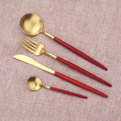 China New 4pcs Dinner Knife Fork Spoon Viable Red Gold Stainless Steel Flatware Cutlery Set Wedding Favors for sale