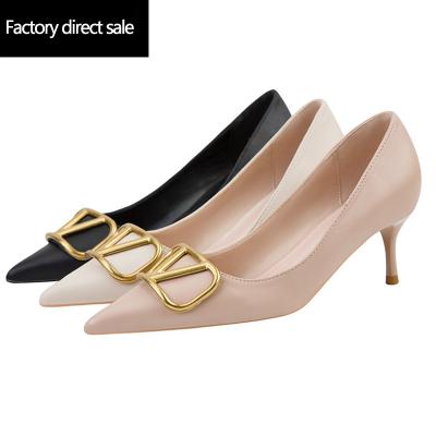 China Printed Wholesale Pointed Shallow Mouth Quality Party Shoes Design Black Slingback Metal New Designer Woman Heels for sale