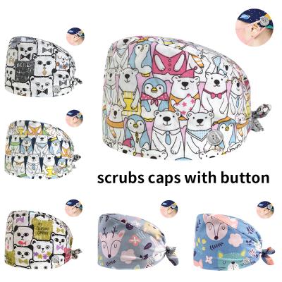 China Fashionable Medical Hats Cartoon Print Doctor Nurse Work Hats Surgical Hospital Dentist 100%Cotton Surgery Hats Pet Work Vet Hats New for sale