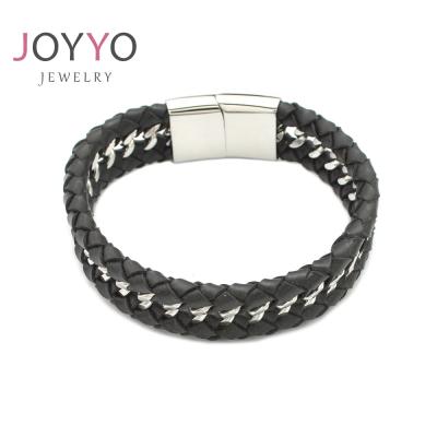 China Stainless Steel Magnetic Rope Religious Men's Buckle Bracelet Biker Leather Bracelet for sale