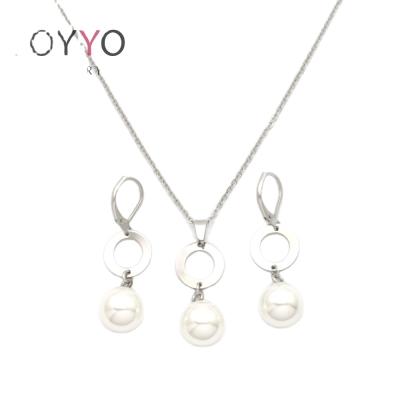 China TREND Women Fashion Jewelry Sets Dubai Stainless Steel Pearl Jewelry Set 14k Gold Earring And Pendant Necklace for sale