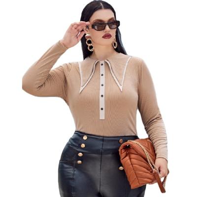 China Breathable Casual Solid Vintage Ribbed Knit Plus Size Womens Blouse Shirt Long Sleeve Basic Tops For Women for sale