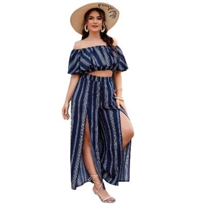 China Beach Stripe 2 PC Summer Breathable Ruffled Woman Bardot Tops Fashionable Plus Size And Slit Pants 2 Pieces Sets Summer for sale