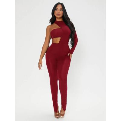 China Hollow Breathable Sexy Fake Neck Bandage Cut Crop Red Tube Top Women Split Skinny Bodycon Jumpsuit for sale