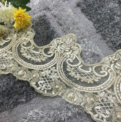 China Viable Golden Knit 19cm Width Embroidery French Lace Gold Color Organza Beads Lace Trim B1980# for sale