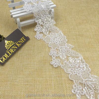 China Golden Viable Knit 6.5cm White Fancy Embroidery Sequin Lace Trim Fabric For Bridal Dress Apparel W541# for sale