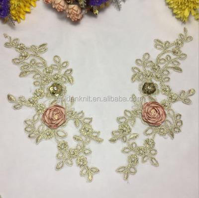 China Viable Golden Knit 13*29cm Colorful 3D Flower Embroidery Lace Collar For Wedding Dress DT137# for sale