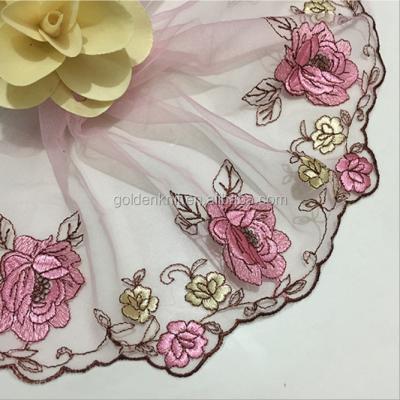 China Golden Viable Knit 13cm Width 100%Polyester Mesh Fabric Embroidery Colorful Lace Trim 250# for sale