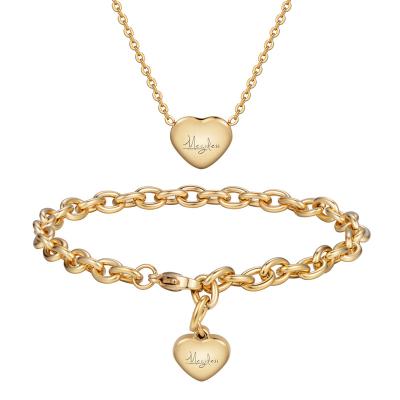 China Stainless Steel Jewelry Set Romantic Hottest Fashionable IP Gold Color Love Heart Necklace And Bracelet Set For Best Gift Idear for sale