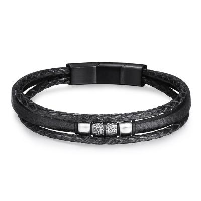 China Fashion Environmental Friendly Hot Selling Men's Jewelry Luxury Three Layers Stainless Steel Roman Braided Cuff Bangl Leather Bracelet For Men's Gift for sale