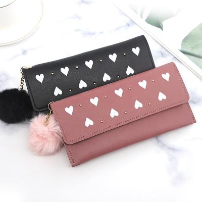 China Factory Direct High Quality Slim Wallet Long With Hairball Heart Printed Multi-card Slot Coin Bifold Purse For Women for sale