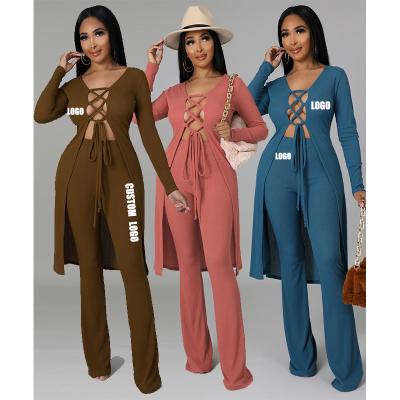 China Hot Sale Women Clothing QUICK DRY Free Spring Logo Hollow Out Two Piece Set Women Clothing Bandage Casual 2 Piece Set Women for sale