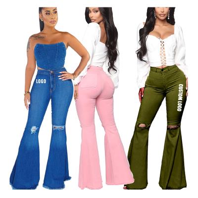 China Free LOGO Wholesale Custom Women Ripped Anti-Wrinkle Jeans Pants High Waist Bell Bottom Leg Ladies Wide Leg Jeans for sale