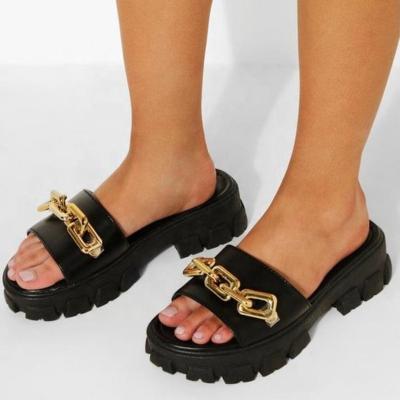 China Fashion Trend Ladies Summer Ladies Platform Sandals Solid Color Chain Slides For Women Heel Slippers Around Open Toe Beach Sandals for sale