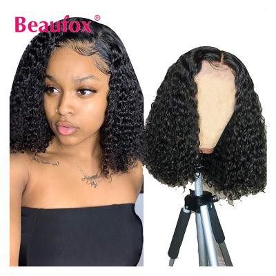 China Beaufox Brazilian Bob 4x4 Deep Wave Virgin Remy Curly Curly Transparent Wigs Lace Front Women Human Hair Wigs For Lace Closure Wig for sale