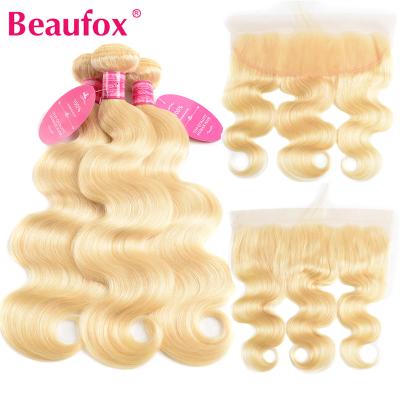 China Body Wave Beaufox 613 Blonde Color 3 Bundles With Lace Frontal Grade 12a Body Wave Brazilian Remy Blonde Human Hair Headband And Bundles for sale