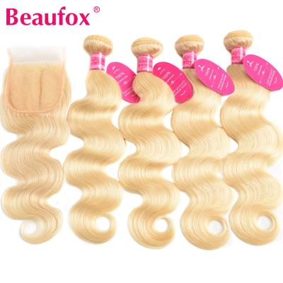 China 100% Gold Blonde Remy Human Hair Extension Bundles Beaufox Double Hair Body Wave Extensions Russian Weft Extensions Flat Drawn Human Hair for sale