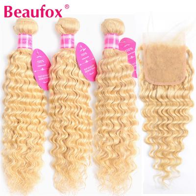 China Deep Wave 12a Grade Virgin Colored 3 Best Raw Blonde Hair Bundles With Closure Indian Blonde Curly Hair 8a Bundles With Lace Closure for sale