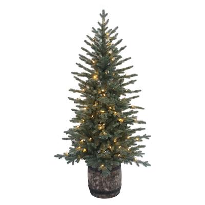 China Holiday Decorations Wholesale Various Colors Grade Mix Barrel High Quality Wooden Base Tree PE&PVC Artificial Christmas Tree Decoration With Light for sale