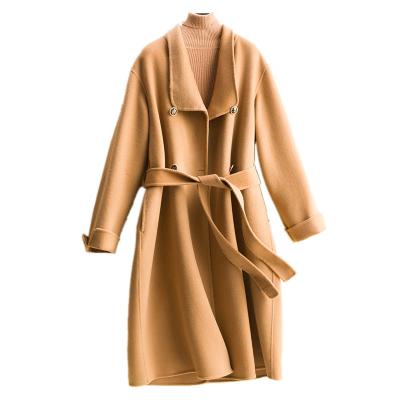 China Anti-wrinkle Women Fashion Cashmere Tracksuit Long Wool Cashmere Women Coat Belted for sale