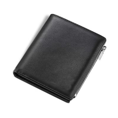 China Custom Genuine Leather Trifold Vertical Men's High Capacity RFID Blocking Wallet With Zipper Coin Pocket for sale