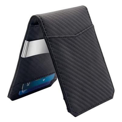 China Slim Minimalist RFID Front Pocket Carbon Fiber Genuine Leather Wallet Blocking Card Holder Bifold Closure Men's Money Clip Wallet for sale