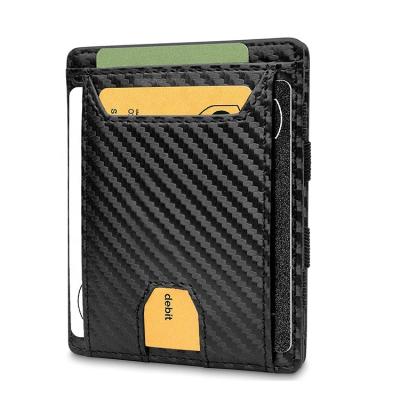 China Amazone RFID Hot Selling Big Coin Pocket RFID Blocking Black Carbon Fiber Genuine Leather Men's Magic Card Holder Wallet for sale