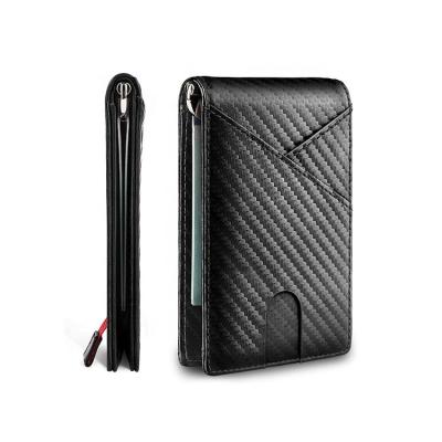 China Amazon RFID Hot Selling Custom Logo RFID Blocking Genuine Leather Men's Carbon Fiber ID Credit Card Holder Wallet With Money Clip for sale