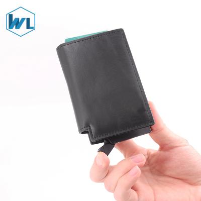 China Hot Sales Fashion Original Wallet Oil Waxy Leather For Men Pocket Automatic RFID Pop Up Credit Card Holder Aluminum for sale