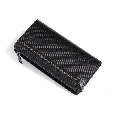 China Wholesale Luxury 100% Real RFID Carbon Fiber RFID Clutch Long Leather Wallets With Metal Zipper for sale