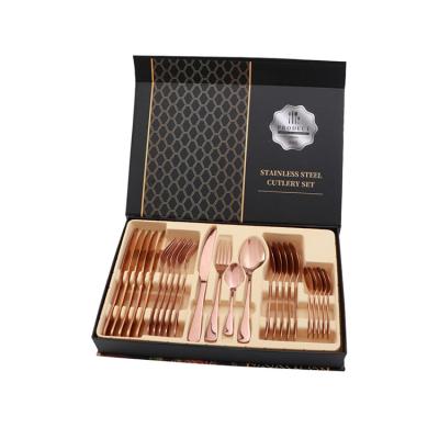 China High quality viable stainless steel 24pcs gold cultery sets with wooden box for sale